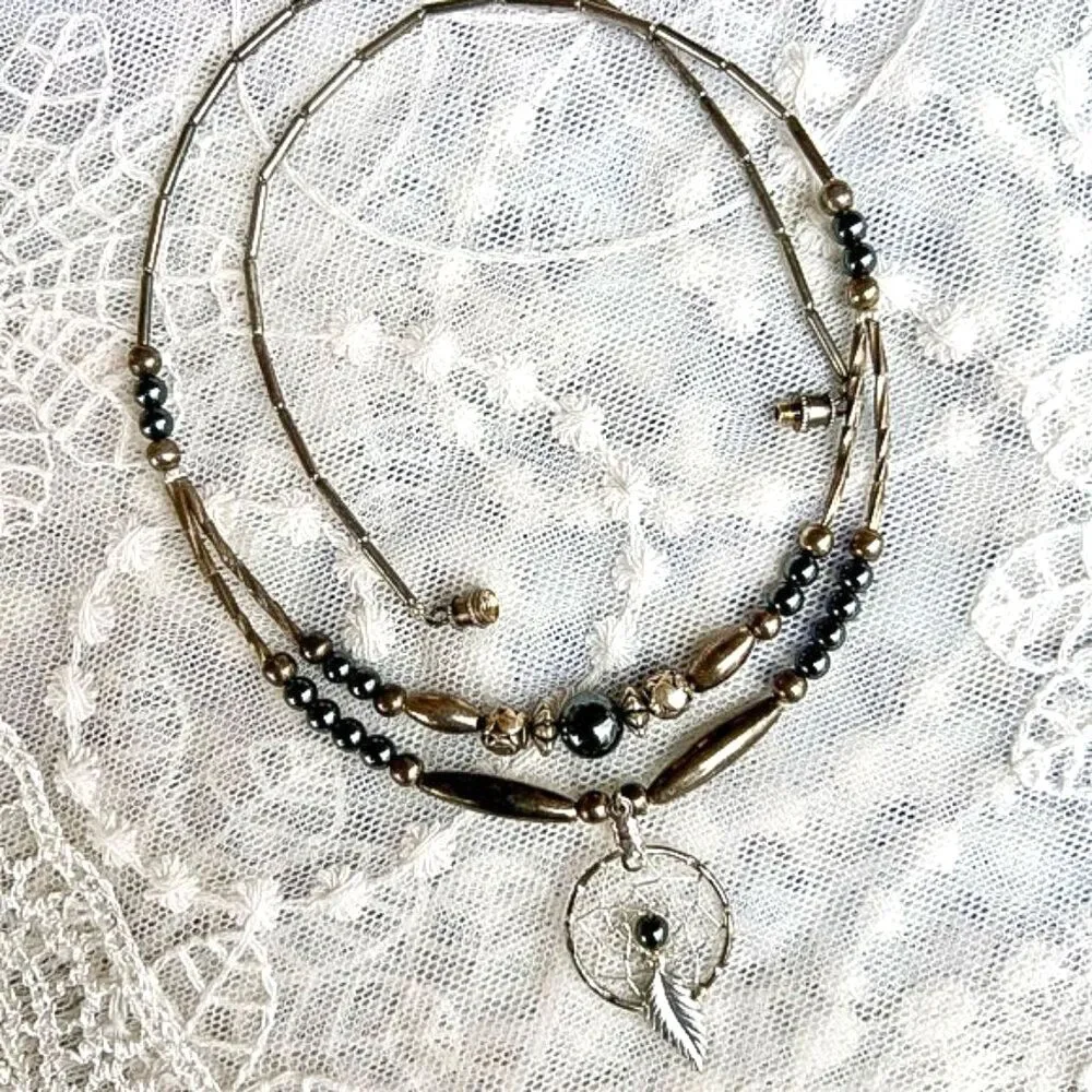 Vintage 70's/80's Silver & Hematite Dreamcatcher Necklace